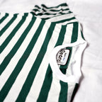 Beans green and white striped men's t-shirt laid flat on white backdrop.