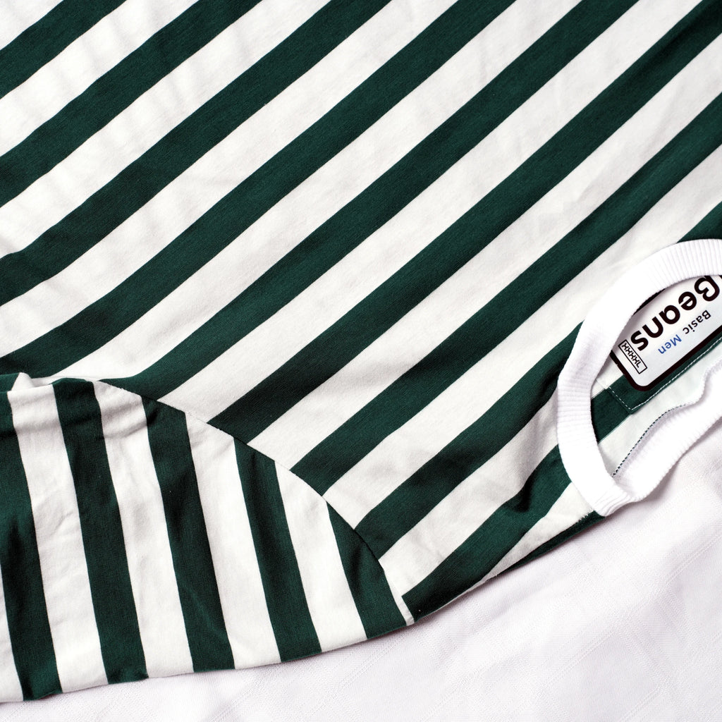 Beans green and white striped men's t-shirt laid flat on white backdrop.