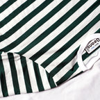 Beans green and white striped men's t-shirt laid flat on white backdrop.
